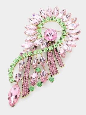 Pink Green Rhinestone Crystal Abstract Cluster Brooch Pin Statement Accessory